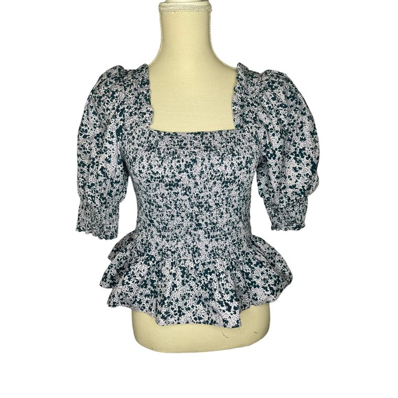 CECE Peplum Floral Print Top with Puff sleeve and stretch bodice Size M - Picture 1 of 4